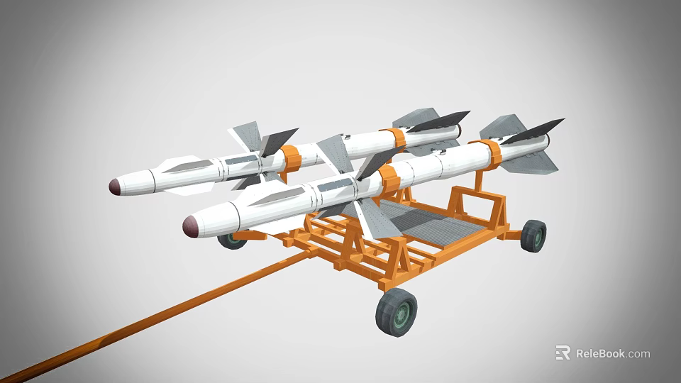 Military Missiles With White Bodies And Orange Components Mounted On Trailer 3d model 