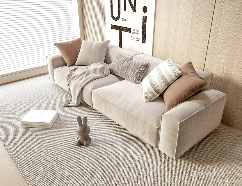 Beige Two Seater Sofa With Pillows Blanket Rabbit Figurine Wooden Wall And Blinds 3d model 