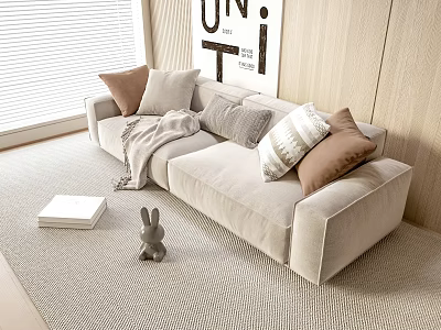 Beige Two Seater Sofa With Pillows Blanket Rabbit Figurine Wooden Wall And Blinds 3d model