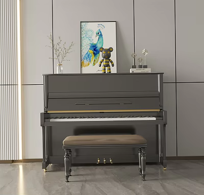Elegant Black Piano With Peacock Painting And Decorative Items In Modern Interior 3d model