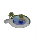 Circular Water Feature Structure With Wooden Platform Green Plants And Trees 3d model