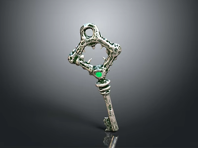 Exquisite Silver Decorative Key With Green Gemstone For Daily Household Use 3d model