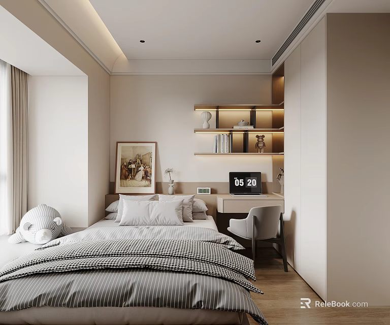 Modern Tatami Bedroom Interior With Striped Bedding Desk Alarm Clock Shelves And Window Curtains 3d model 