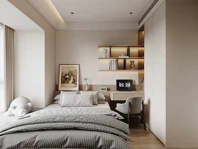 Modern Tatami Bedroom Interior With Striped Bedding Desk Alarm Clock Shelves And Window Curtains 3d model