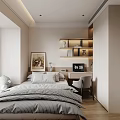 Modern Tatami Bedroom Interior With Striped Bedding Desk Alarm Clock Shelves And Window Curtains