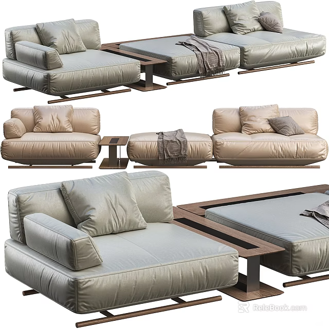 Modern Modular Sectional Sofa With Leather Upholstery Neutral Beige Pillows And Wooden Frame 3d model 