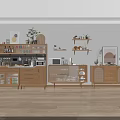 Modern Wooden Sideboard With Open Storage Shelves Potted Plants And Microwave In Living Space