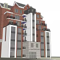 Modern Red Brick Apartment Building With Multiple Balconies And Windows