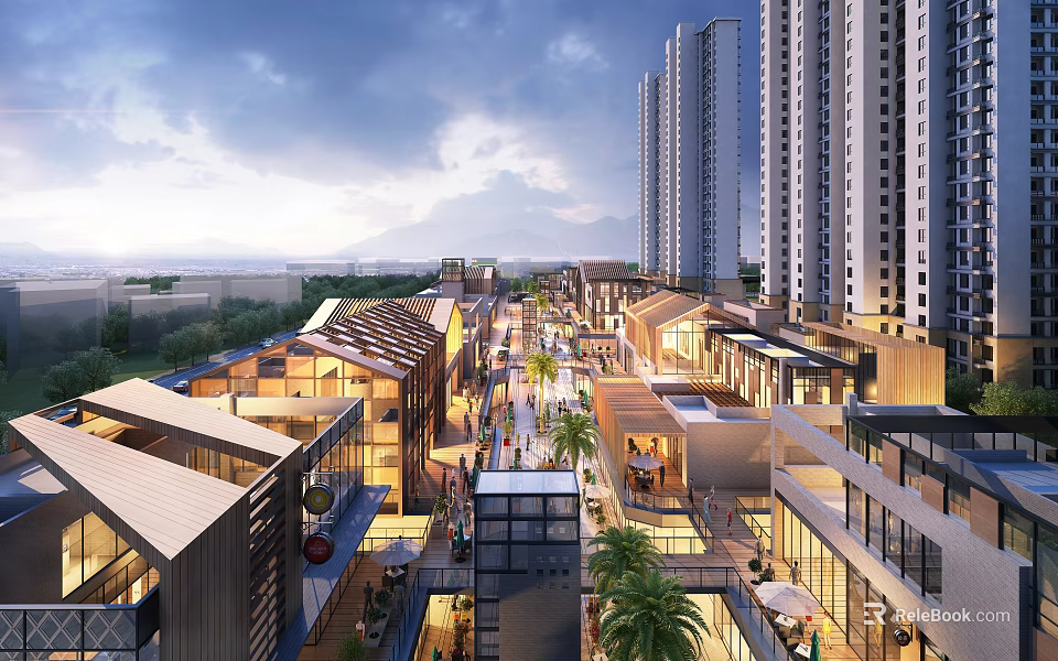 Modern Commercial Street With High Rise Buildings Multi Storey Structures Palm Trees And Pedestrians 3d model 