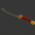 Ornate Weapon With Blue Blade Red Handle Gold Accents And Green Gemstone