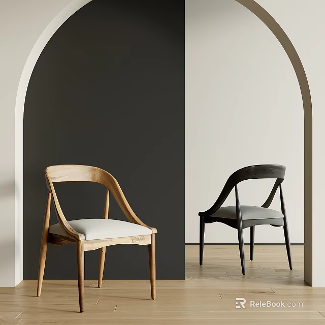 Stylish Light And Dark Leisure Chairs With Wooden Frame And Upholstered Seats Against Arched Walls 3d model 