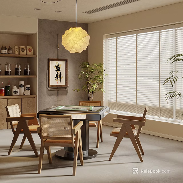 Modern Hotel Mahjong Room Interior Design With Mahjong Table Wooden Chairs And Green Plants 3d model 