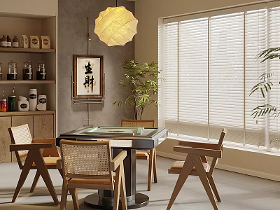 Modern Hotel Mahjong Room Interior Design With Mahjong Table Wooden Chairs And Green Plants 3d model