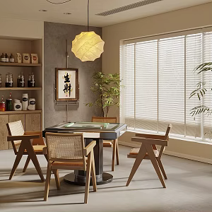 New Chinese Chess and Card Room Mahjong Table and Chair Combination Chandelier Hanging Picture Sideboard Green Plant 3d model