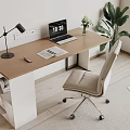 Modern Office Desk With Laptop Notebook Desk Lamp And Ergonomic Chair Near Green Plant
