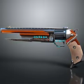 Futuristic Revolver Pistol With Metallic Body Wooden Grip And Glowing Blue Elements