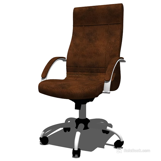 Brown Leather Office Chair With Ergonomic Design Metal Armrests And Swivel Wheels Base 3d model 