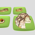 Assorted Delicious Desserts on Green Plates Including Pastries Tartlet and Ring Cake with Chocolate Drizzle
