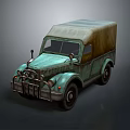 Vintage Turquoise Truck With Canvas Cover And Rustic Front Grille Design