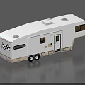 White Travel Trailer With Rear Checkerboard Flag Windows Door And Double Wheels