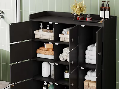 Bathroom Accessories Organized in Black Cabinet with Towels Baskets Toiletries and Green Plant 3d model