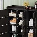 Bathroom Accessories Organized in Black Cabinet with Towels Baskets Toiletries and Green Plant