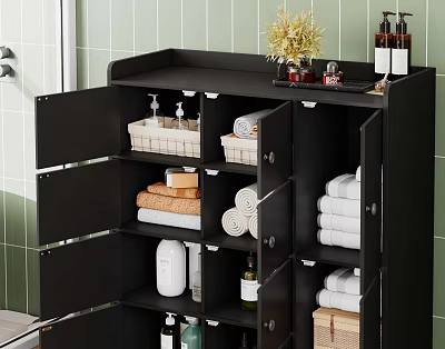 Bathroom Accessories Organized in Black Cabinet with Towels Baskets Toiletries and Green Plant 3d model