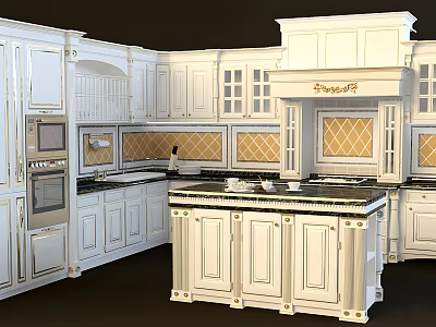 Classic White Kitchen Cabinets With Island Counter Black Countertop And Oven Tiled Backsplash 3d model