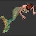 Red Haired Woman In Green And Yellow Mermaid Tail Lying On Black Smooth Surface