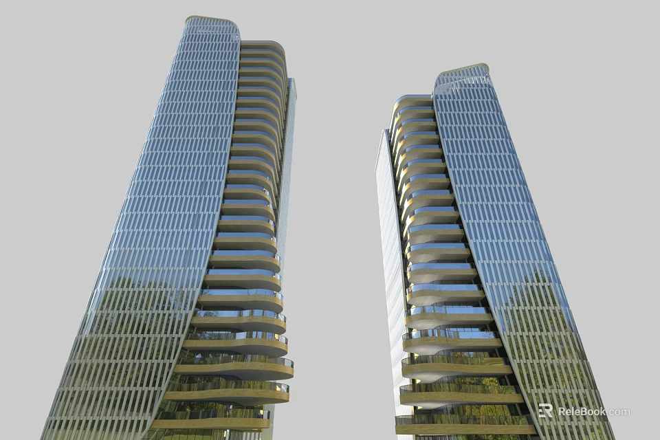 Modern Twin High Rise Office Buildings With Glass Curtain Wall And Curved Architectural Design 3d model 