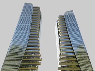 Modern Twin High Rise Office Buildings With Glass Curtain Wall And Curved Architectural Design 3d model