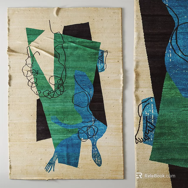 Artistic Square Rug Featuring Green Blue Black Abstract Patterns And Hand Drawn Lines 3d model 