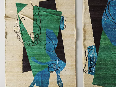 Artistic Square Rug Featuring Green Blue Black Abstract Patterns And Hand Drawn Lines 3d model