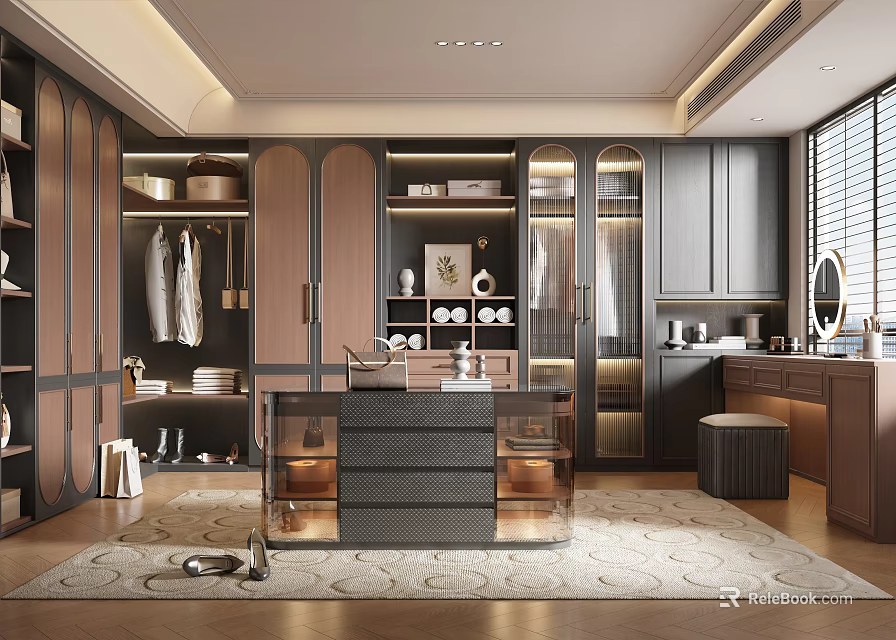 Elegant Modern Walk in Closet Interior With Dark Cabinets Central Island And Wooden Racks 3d model 