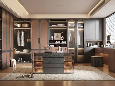 Elegant Modern Walk in Closet Interior With Dark Cabinets Central Island And Wooden Racks 3d model