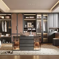 Elegant Modern Walk in Closet Interior With Dark Cabinets Central Island And Wooden Racks
