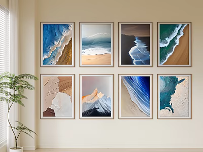 Framed Seascape And Natural Landscape Decorative Paintings On Wall With Plant 3d model
