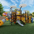 Outdoor Playground Equipment With Yellow Structure Slides Climbing Frames Round Canopies On Green Lawn