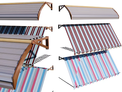 Different Styles Colorful Striped Retractable Awnings With Wooden Frame Outdoor Use 3d model