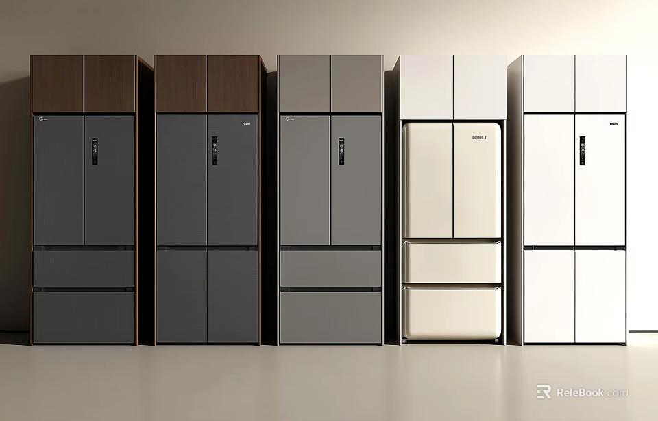 Modern Refrigerators And Freezers With Diverse Colors And Stylish Designs Showcased In A Line 3d model 