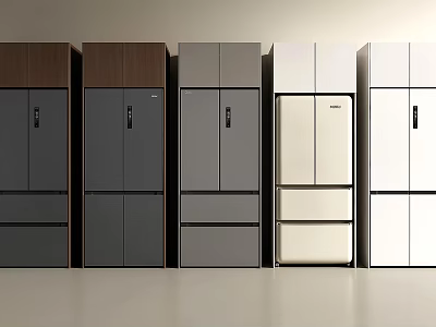 Modern Refrigerators And Freezers With Diverse Colors And Stylish Designs Showcased In A Line 3d model