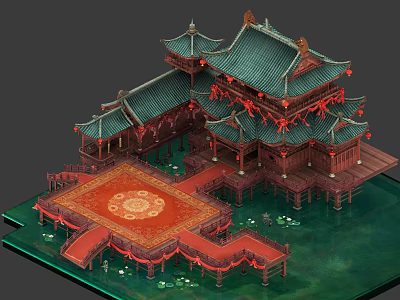 Ancient Chinese Architecture With Green Tiled Roof And Red Decorative Wooden Structure 3d model