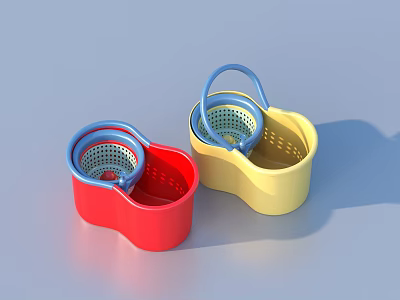 Red And Yellow Household Mop Buckets With Blue Handles And Mesh Strainers 3d model