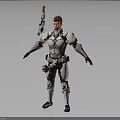Futuristic Male Character in White Tech Armor with Orange Black Accents Holding Rifle
