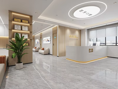 Modern Reception Area Interior With Light Wooden Decor Marble Floor And Green Plant 3d model