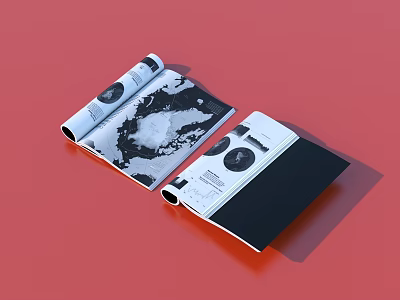 Open Magazines with Black and White Design Featuring Circular Patterns and Illustrative Layout 3d model