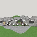 Outdoor Rock Formation Leisure Space With Round Bar Counter Umbrella Lounge Chairs And Pools