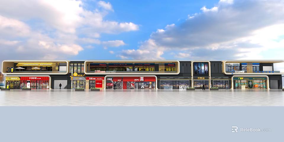 Modern Commercial Street Design With Shops Blue Sky And Open Plaza 3d model 