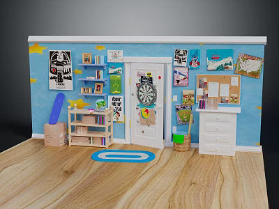 Kids Room Hinged Door With Blue Wall Decor Bookshelf Storage Cabinet And Wooden Floor 3d model