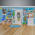 Kids Room Hinged Door With Blue Wall Decor Bookshelf Storage Cabinet And Wooden Floor